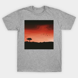 Flock of Birds and Tree Silhouette Against a Sunset, Landscape Digital Illustration T-Shirt